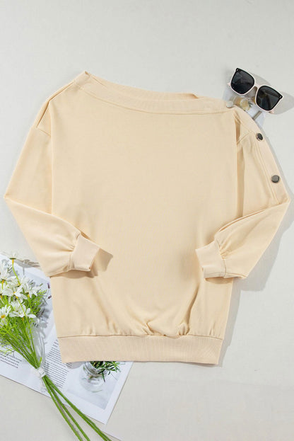 Beige Buttoned Sleeve Asymmetric Neck Oversized Sweatshirt - Vesteeto