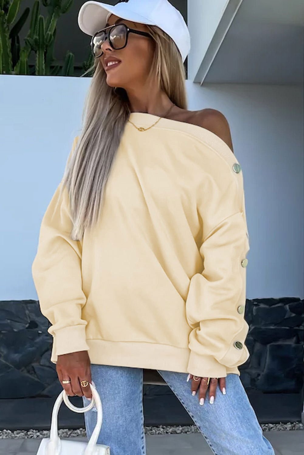 Beige Buttoned Sleeve Asymmetric Neck Oversized Sweatshirt - Vesteeto