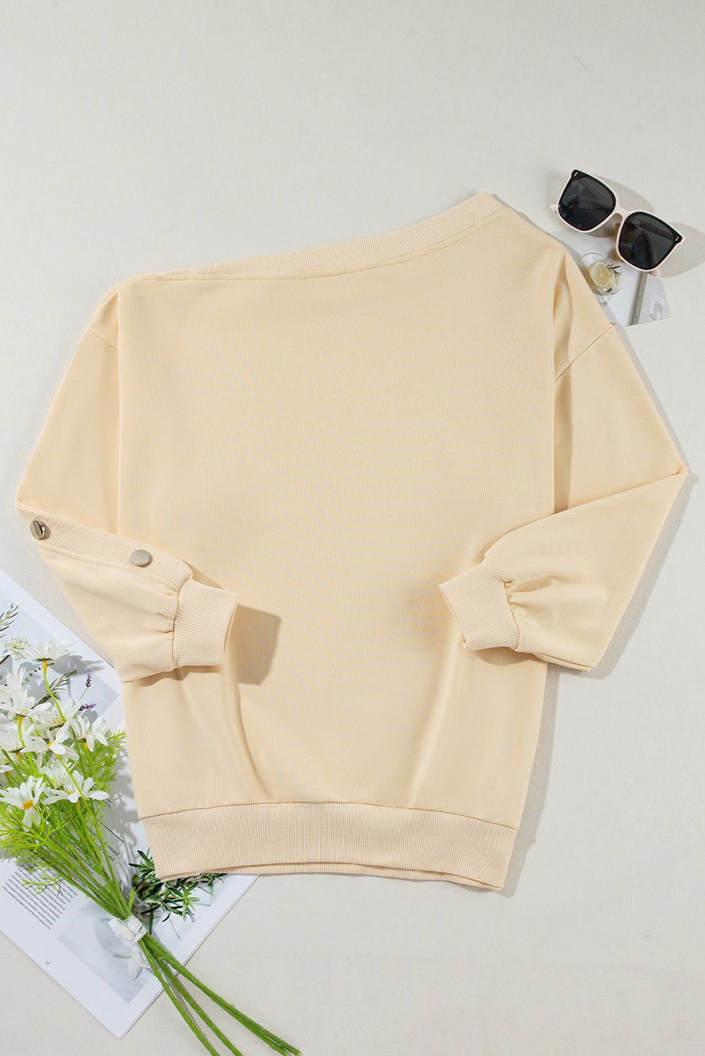 Beige Buttoned Sleeve Asymmetric Neck Oversized Sweatshirt - Vesteeto