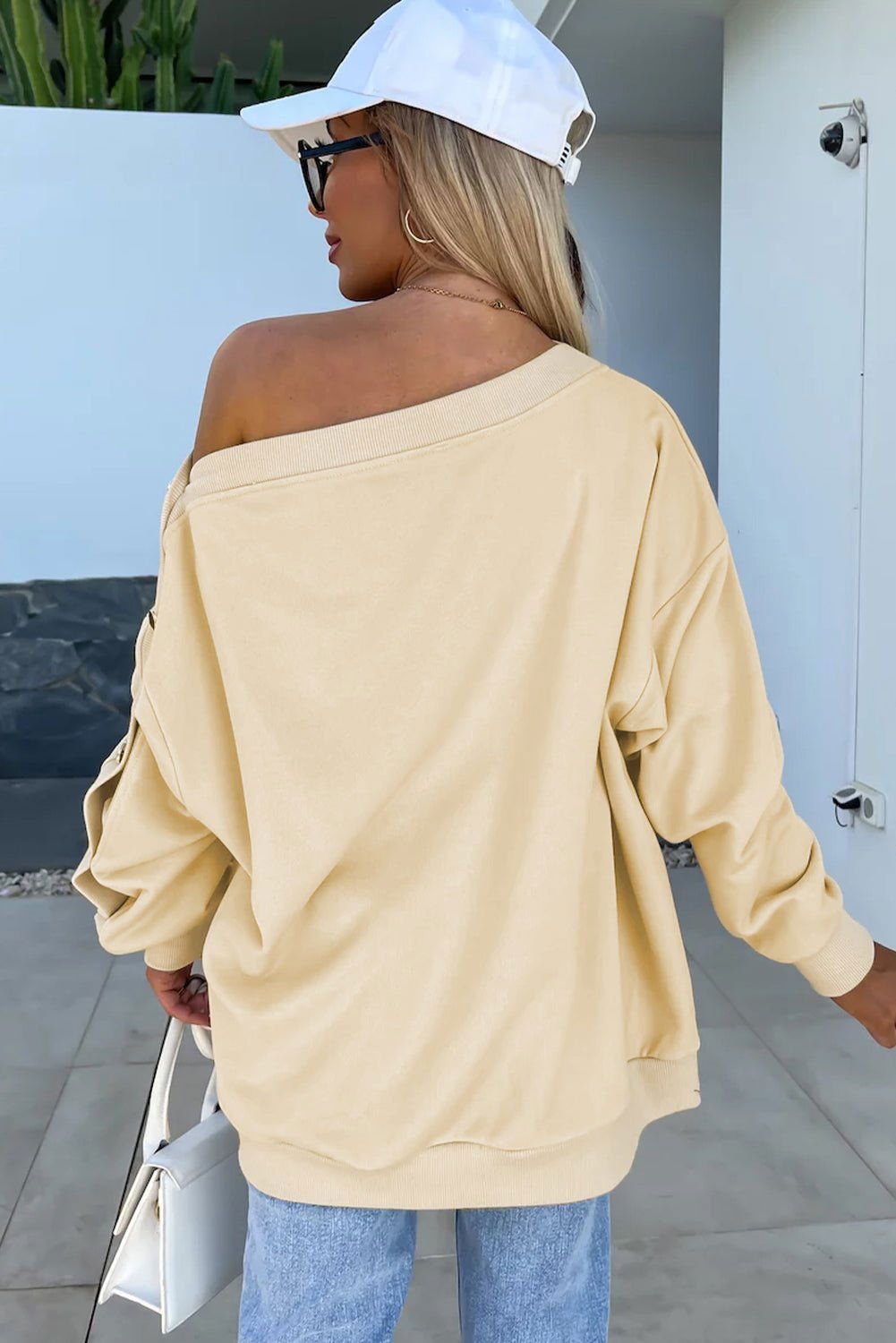 Beige Buttoned Sleeve Asymmetric Neck Oversized Sweatshirt - Vesteeto