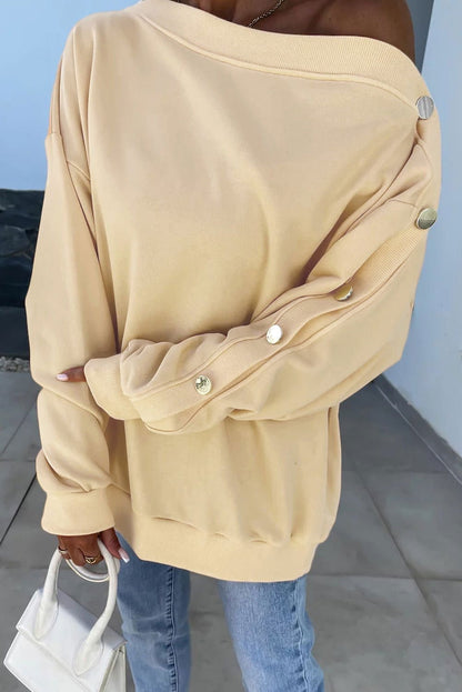 Beige Buttoned Sleeve Asymmetric Neck Oversized Sweatshirt - Vesteeto