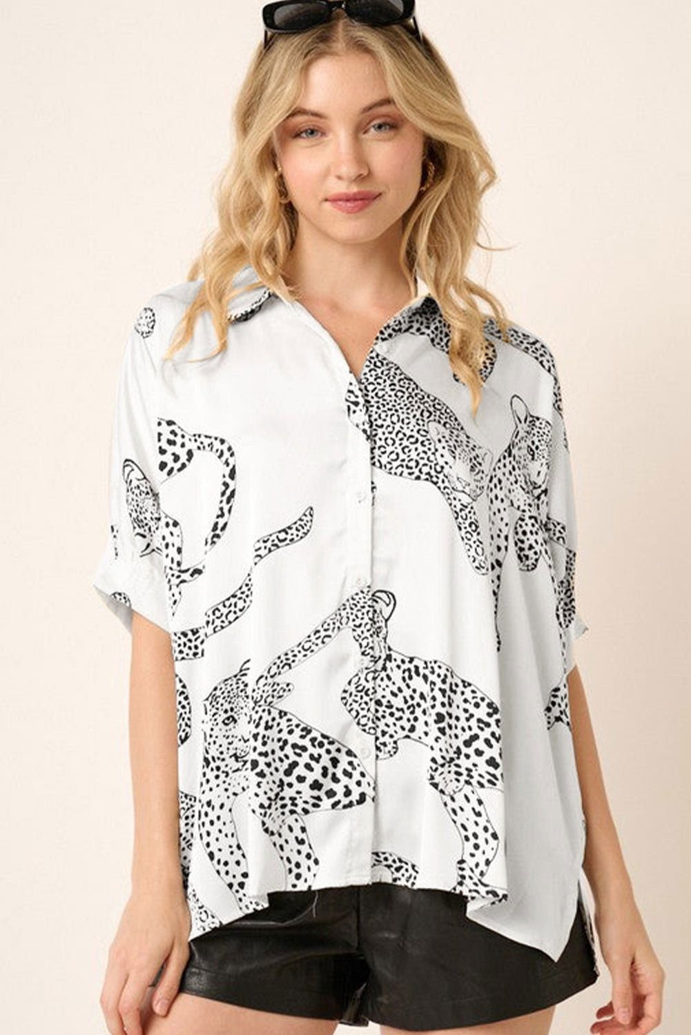 Beige Cheetah Print Buttoned Half Sleeve Shirt - Vesteeto