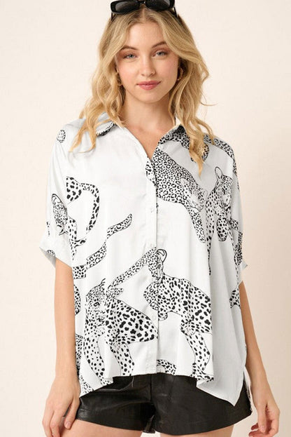 Beige Cheetah Print Buttoned Half Sleeve Shirt - Vesteeto