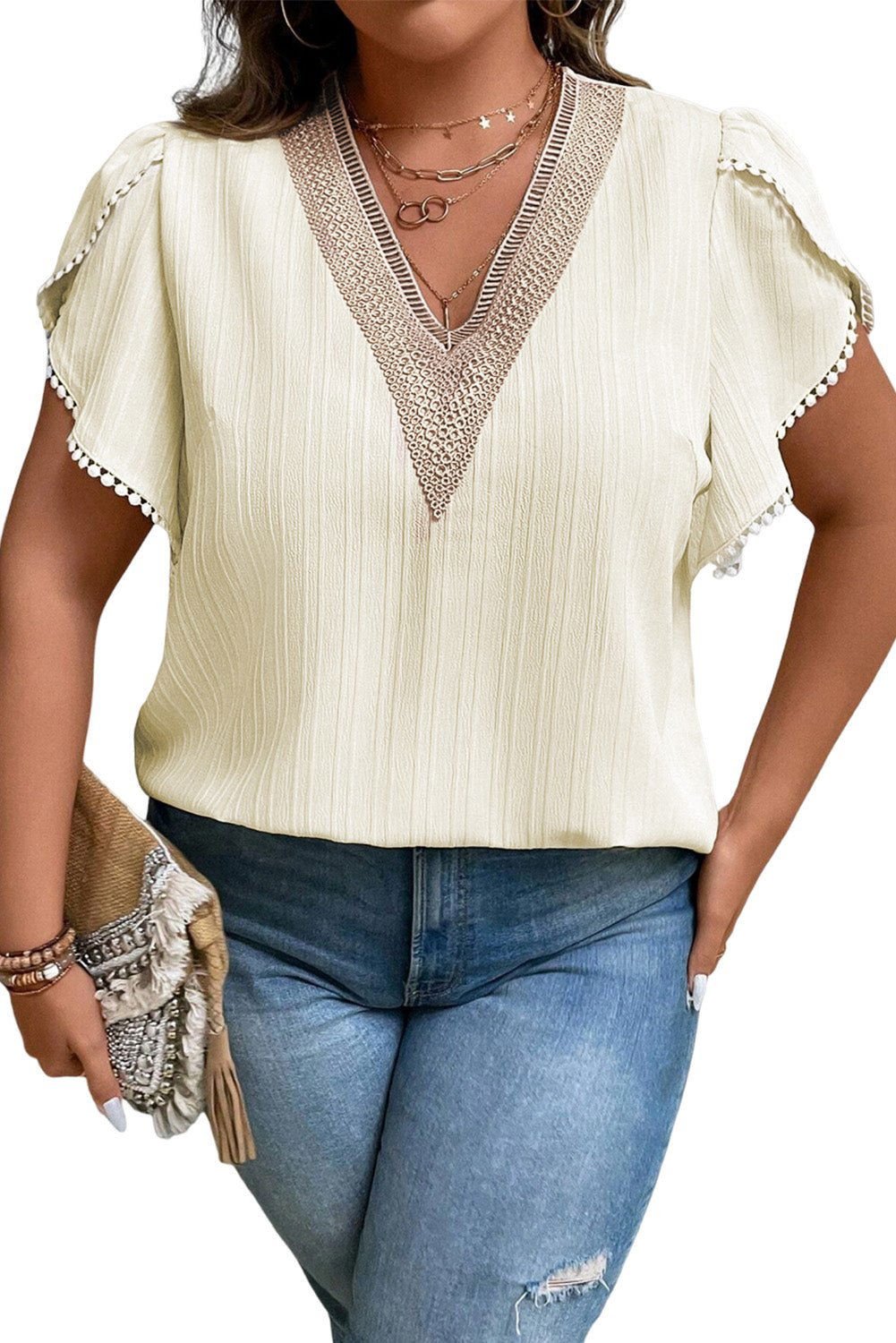 Beige Contrast Guipure Lace Petal Sleeve Plus Size Blouse - Vesteeto