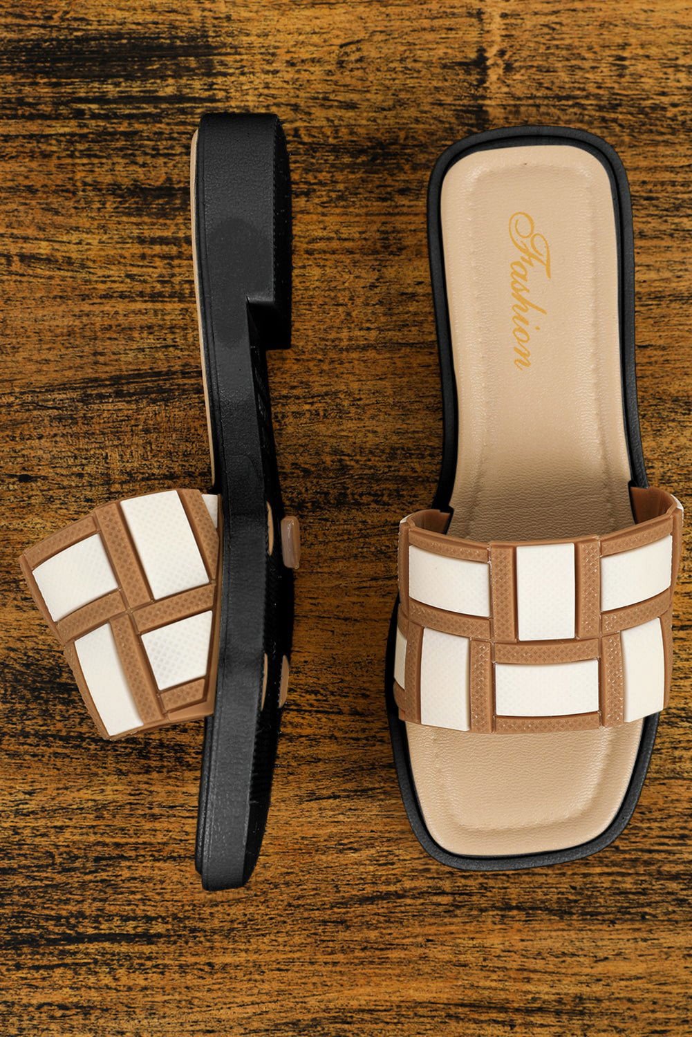 Beige Contrast PU Leather Square Toe Slides Shoes - Vesteeto