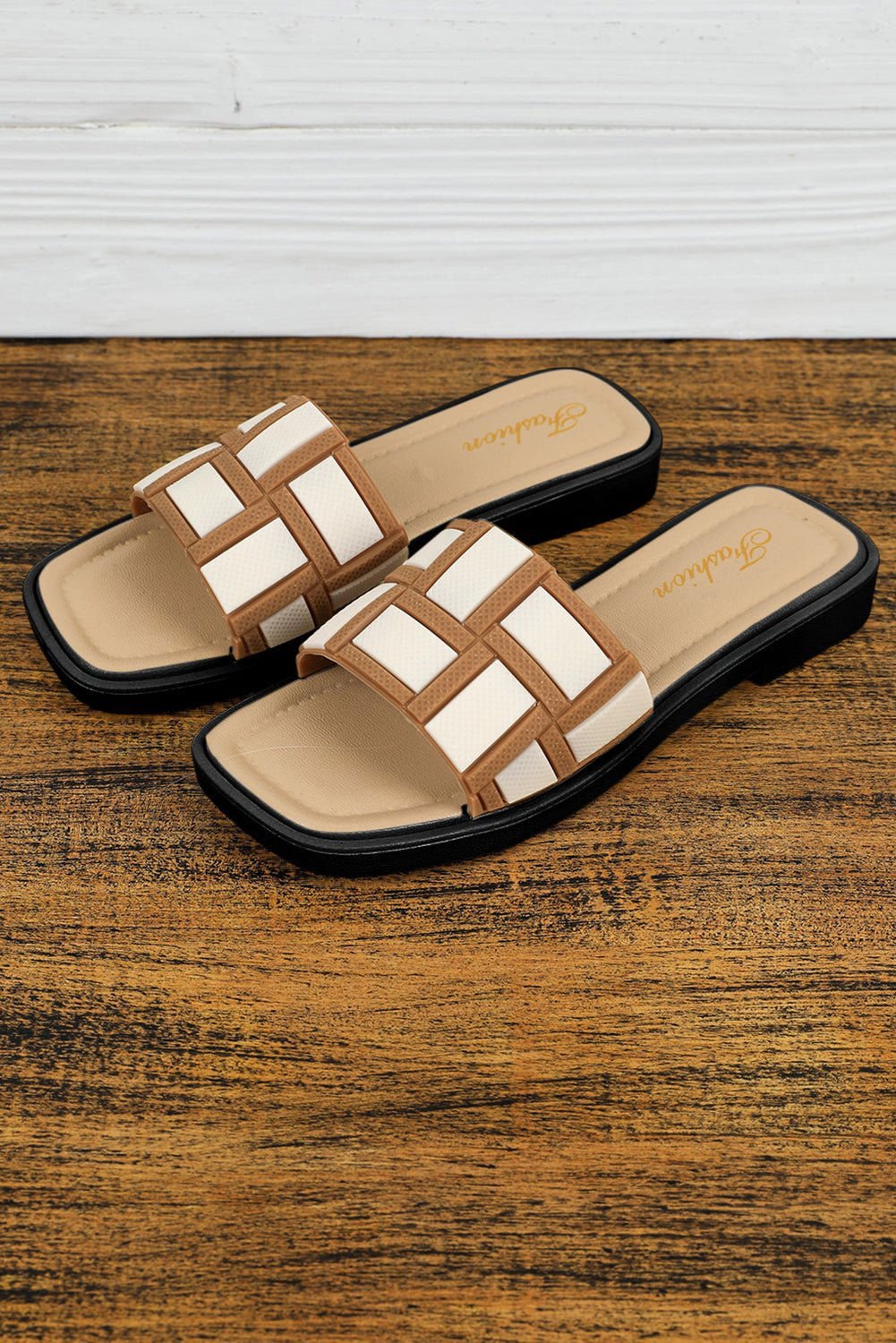 Beige Contrast PU Leather Square Toe Slides Shoes - Vesteeto