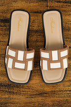 Beige Contrast PU Leather Square Toe Slides Shoes - Vesteeto