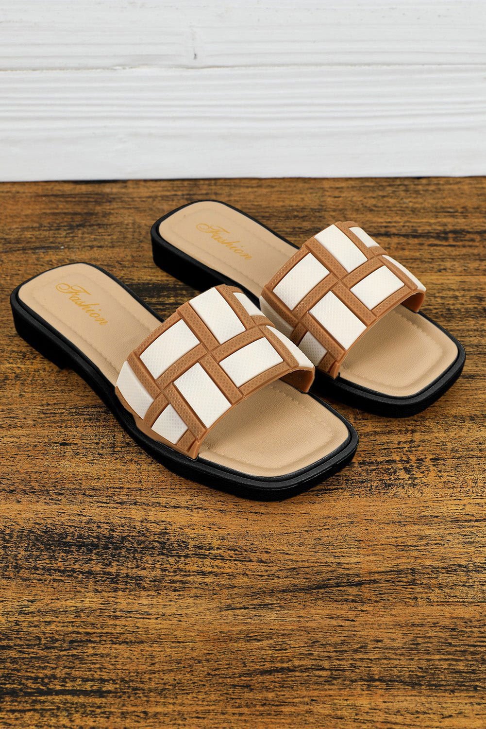 Beige Contrast PU Leather Square Toe Slides Shoes - Vesteeto