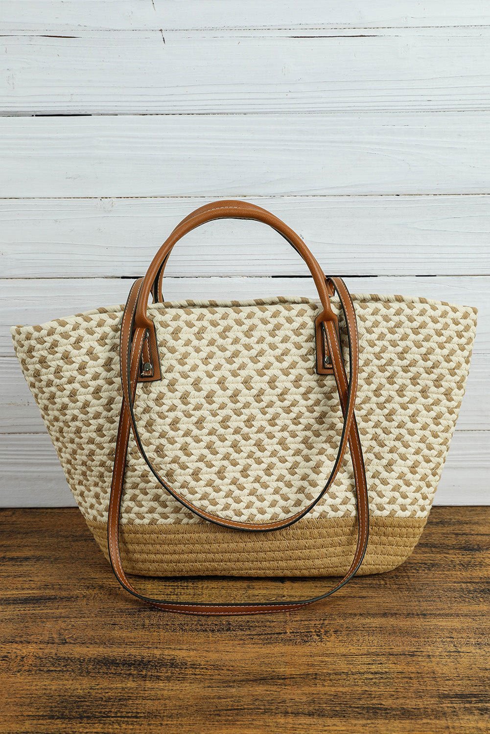 Beige Contrast Woven Leather Handle Single Shoulder Bag - Vesteeto