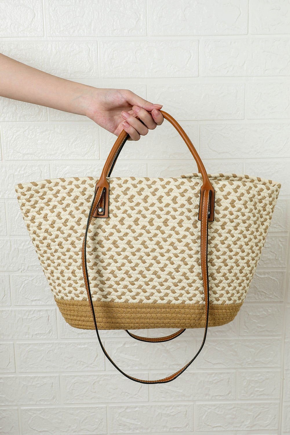 Beige Contrast Woven Leather Handle Single Shoulder Bag - Vesteeto