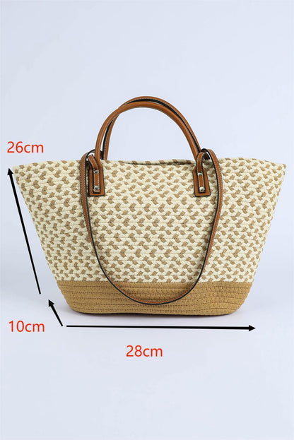 Beige Contrast Woven Leather Handle Single Shoulder Bag - Vesteeto