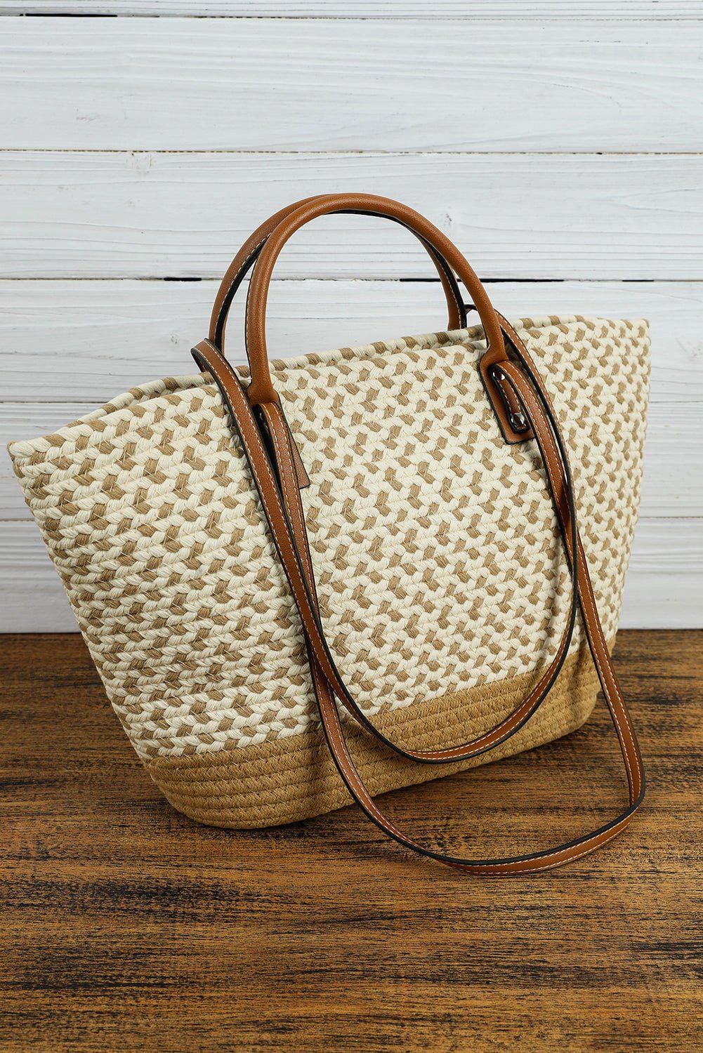 Beige Contrast Woven Leather Handle Single Shoulder Bag - Vesteeto