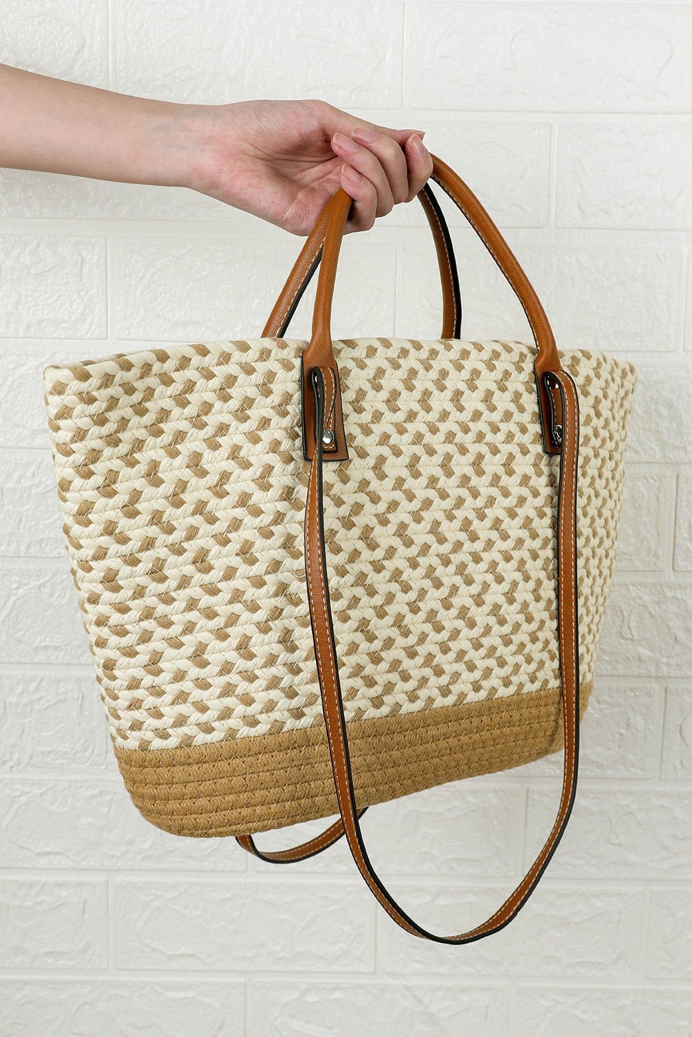 Beige Contrast Woven Leather Handle Single Shoulder Bag - Vesteeto