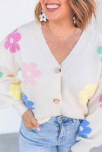 Beige Cute Flower V Neck Buttoned Plus Size Cardigan - Vesteeto