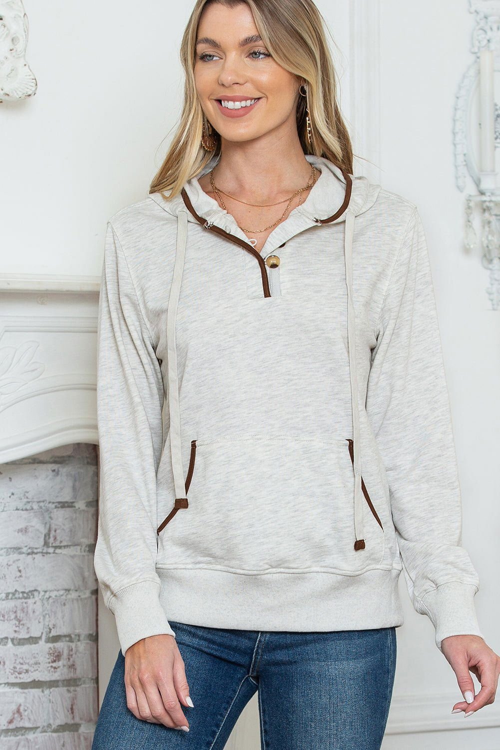 Beige Drawstring Kangaroo Pocket Henley Hoodie - Vesteeto