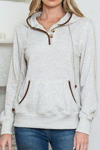 Beige Drawstring Kangaroo Pocket Henley Hoodie - Vesteeto