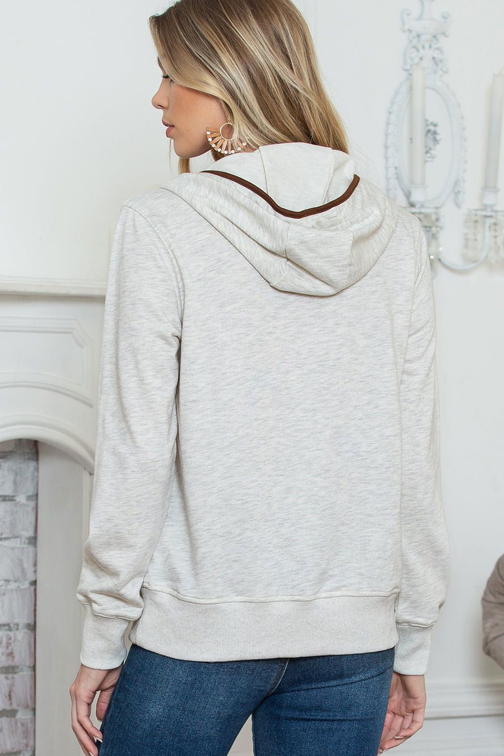 Beige Drawstring Kangaroo Pocket Henley Hoodie - Vesteeto