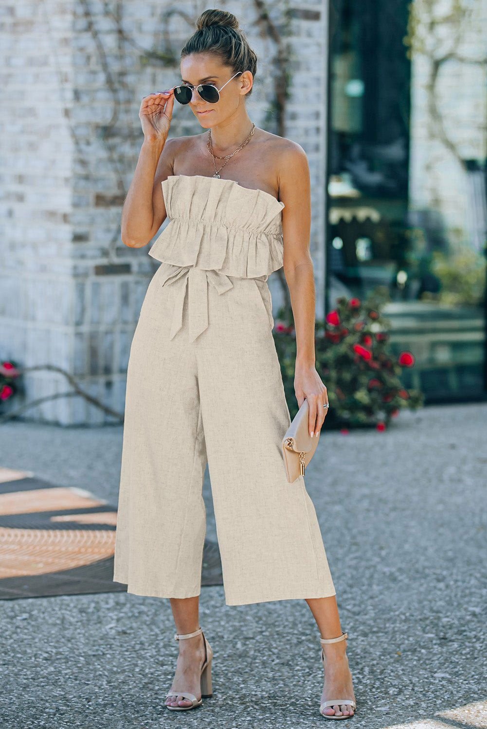 Beige Elegant Ruffled Strapless Wide Leg Jumpsuit - Vesteeto