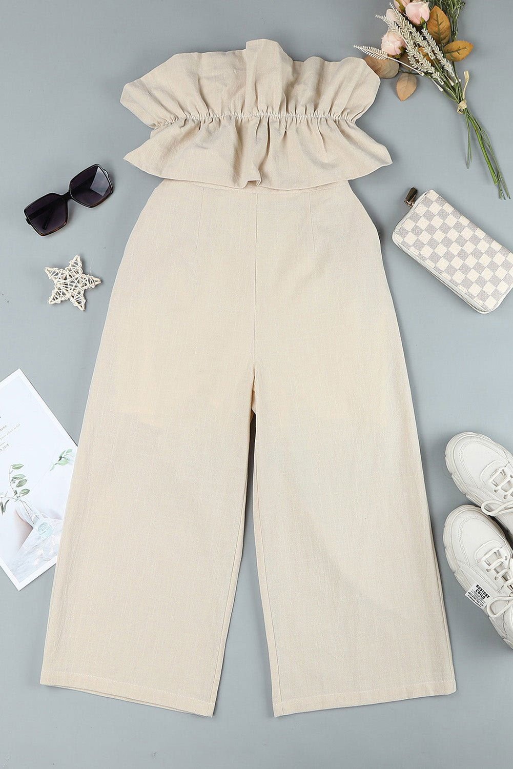 Beige Elegant Ruffled Strapless Wide Leg Jumpsuit - Vesteeto