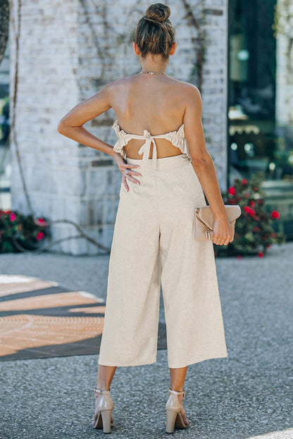 Beige Elegant Ruffled Strapless Wide Leg Jumpsuit - Vesteeto