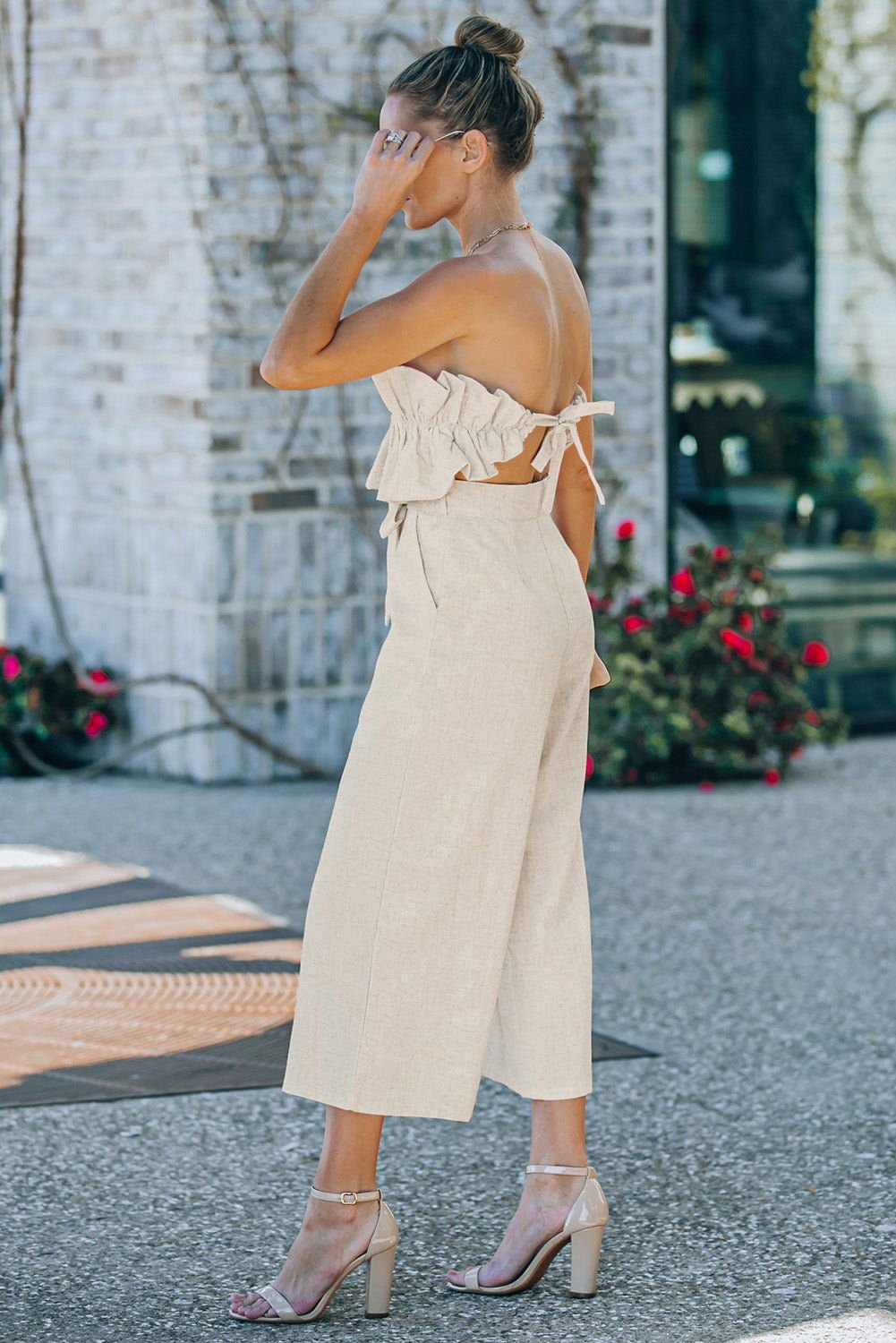 Beige Elegant Ruffled Strapless Wide Leg Jumpsuit - Vesteeto