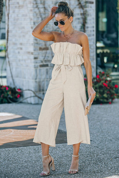 Beige Elegant Ruffled Strapless Wide Leg Jumpsuit - Vesteeto