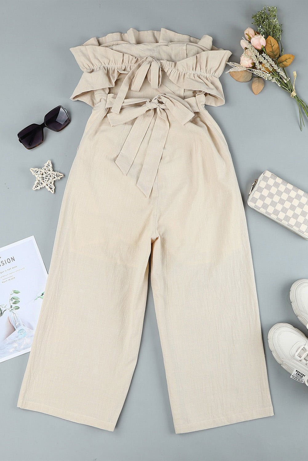 Beige Elegant Ruffled Strapless Wide Leg Jumpsuit - Vesteeto