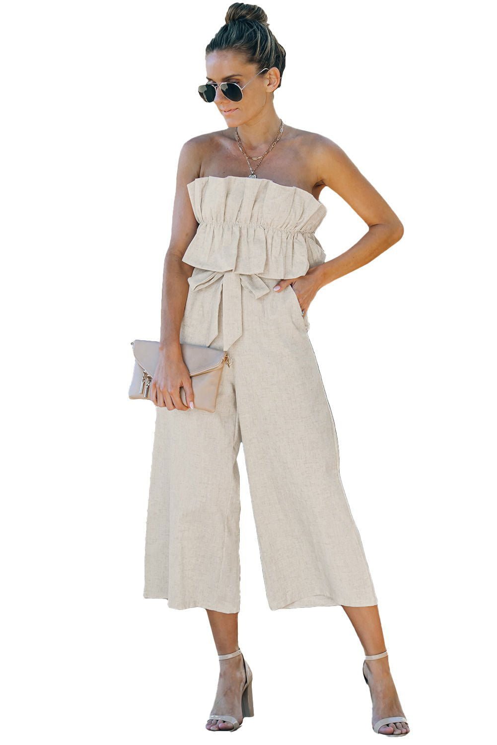 Beige Elegant Ruffled Strapless Wide Leg Jumpsuit - Vesteeto