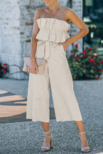 Beige Elegant Ruffled Strapless Wide Leg Jumpsuit - Vesteeto