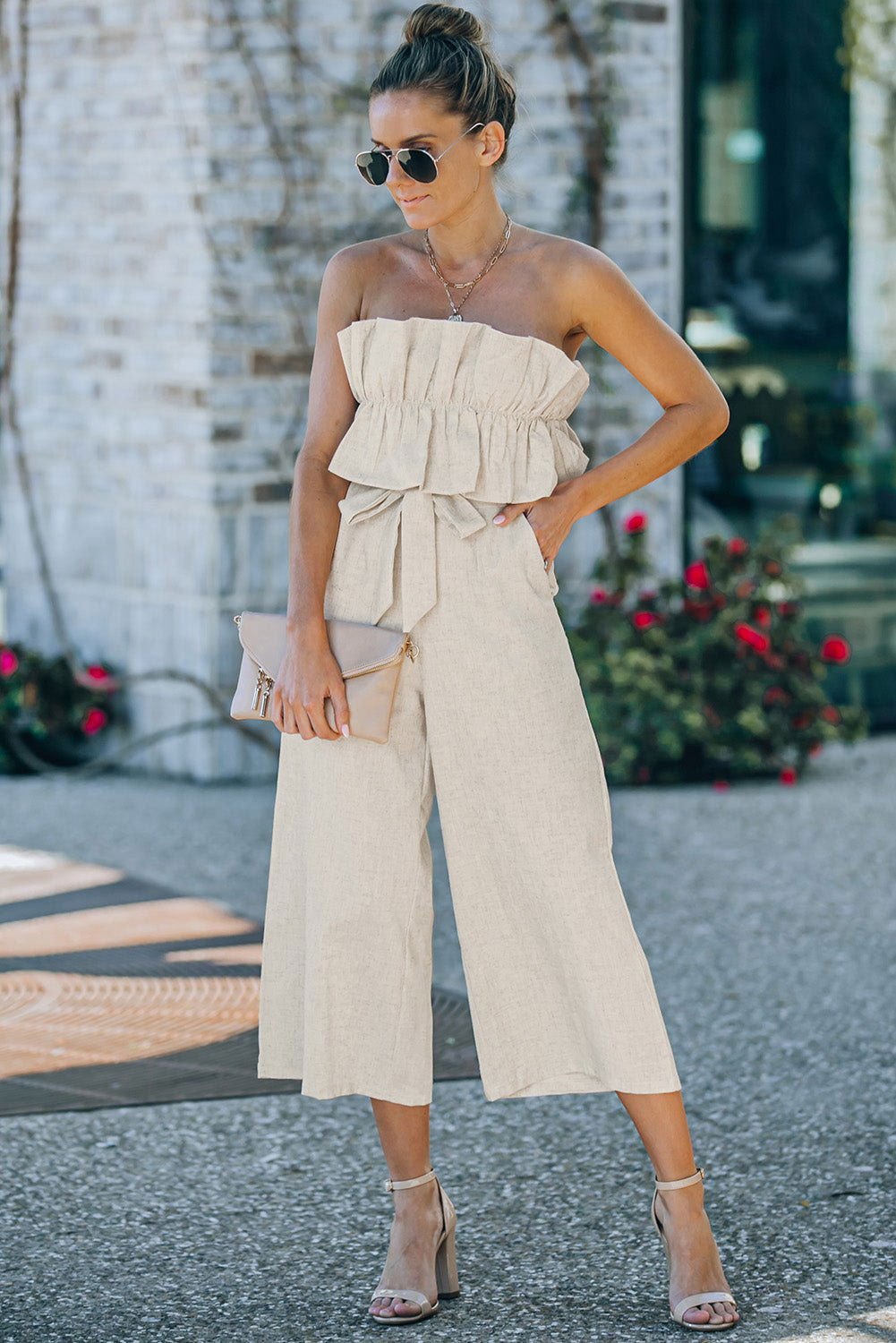 Beige Elegant Ruffled Strapless Wide Leg Jumpsuit - Vesteeto