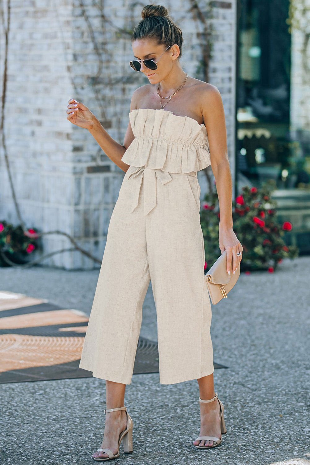 Beige Elegant Ruffled Strapless Wide Leg Jumpsuit - Vesteeto