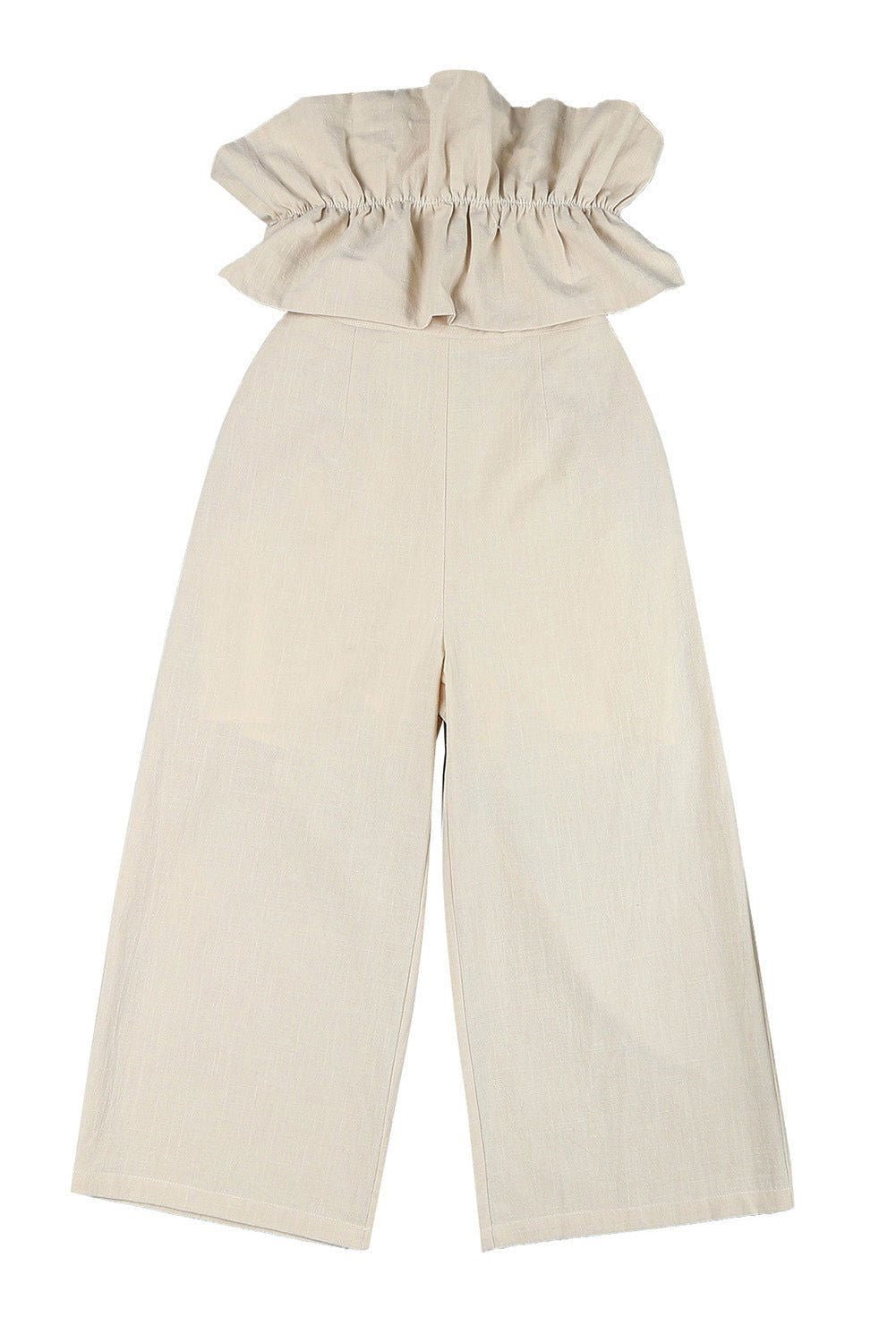 Beige Elegant Ruffled Strapless Wide Leg Jumpsuit - Vesteeto