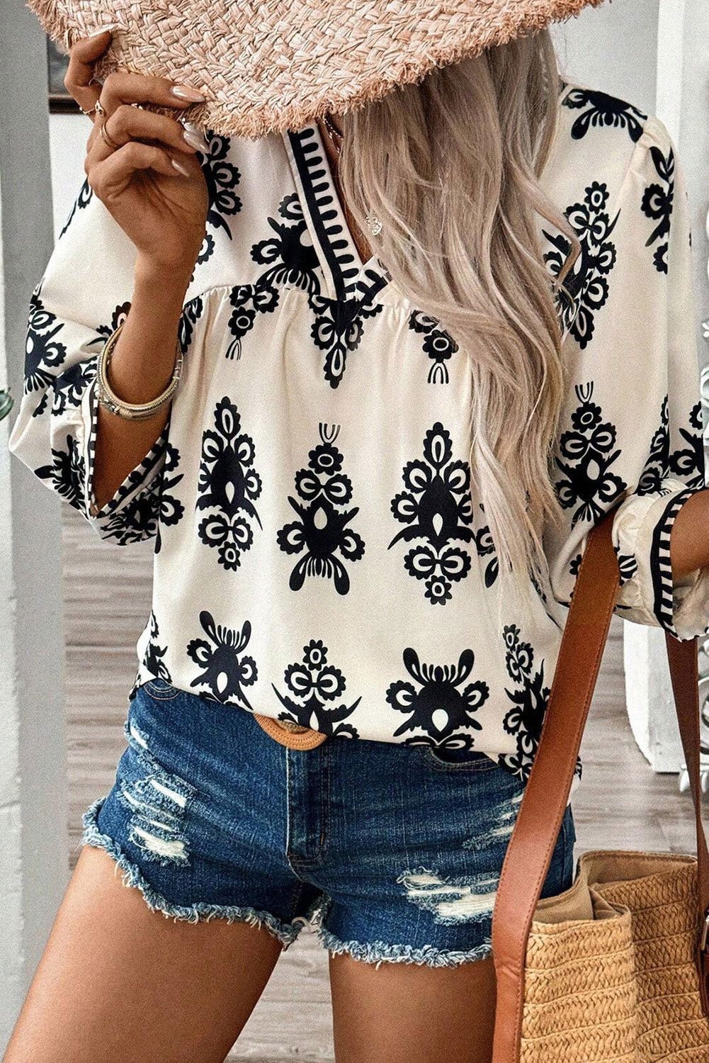 Beige Ethnic Abstract Print Puff Sleeve V Neck Blouse - Vesteeto