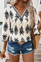 Beige Ethnic Abstract Print Puff Sleeve V Neck Blouse - Vesteeto