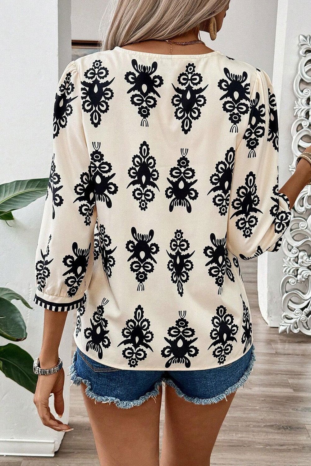 Beige Ethnic Abstract Print Puff Sleeve V Neck Blouse - Vesteeto