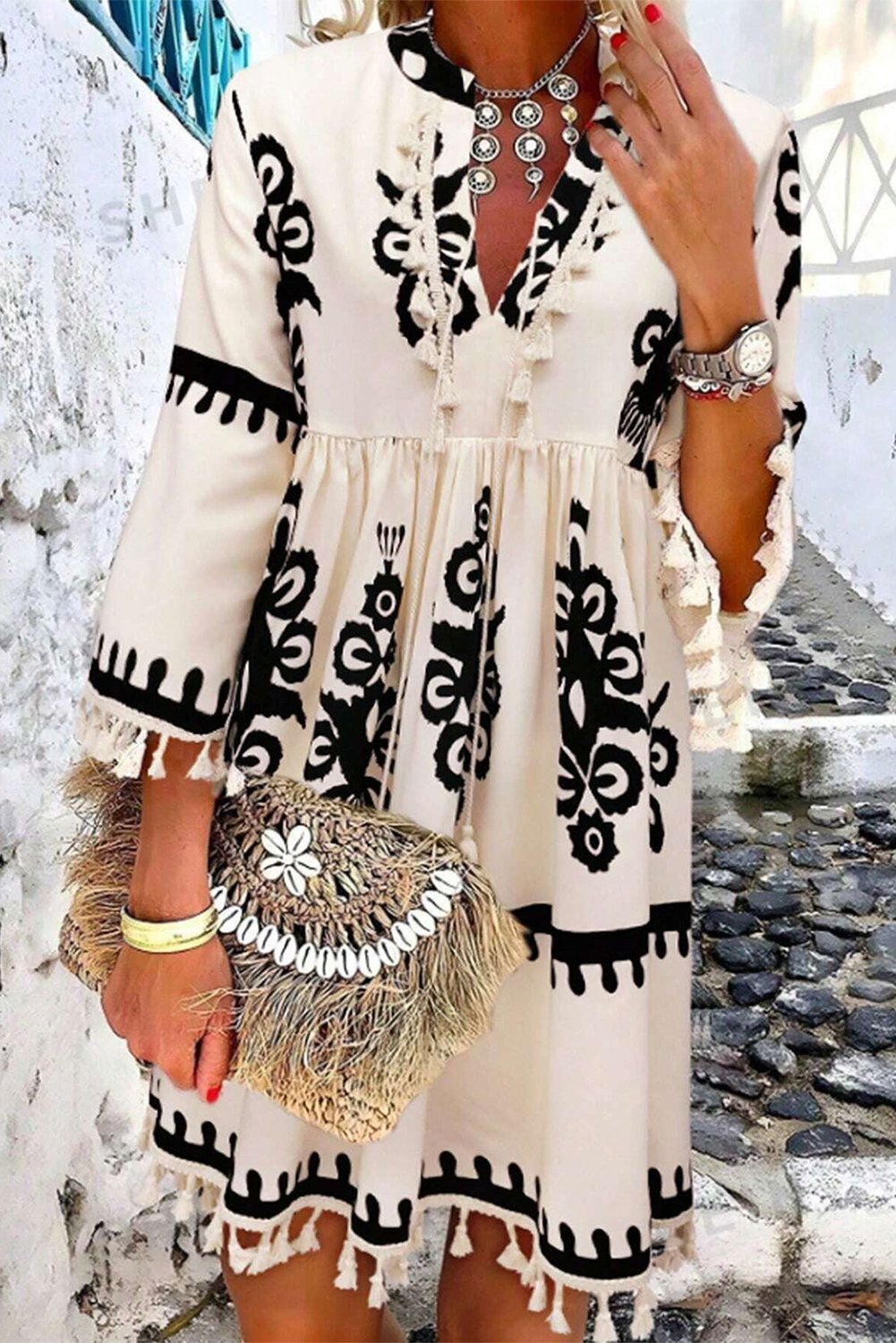 Beige Ethnic Print Notch V Neck Fringe Mini Dress - Vesteeto