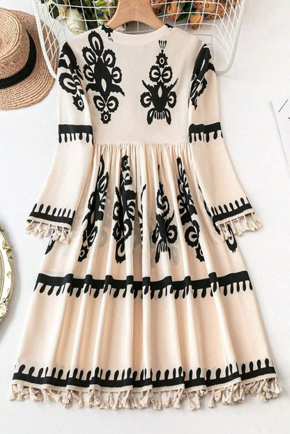 Beige Ethnic Print Notch V Neck Fringe Mini Dress - Vesteeto