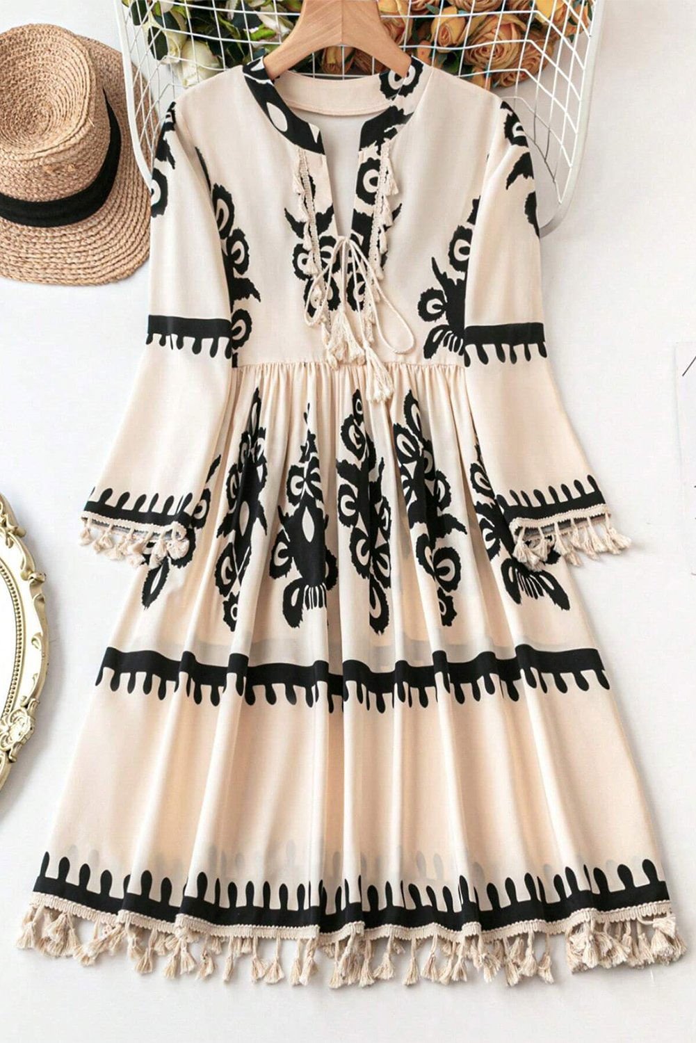 Beige Ethnic Print Notch V Neck Fringe Mini Dress - Vesteeto