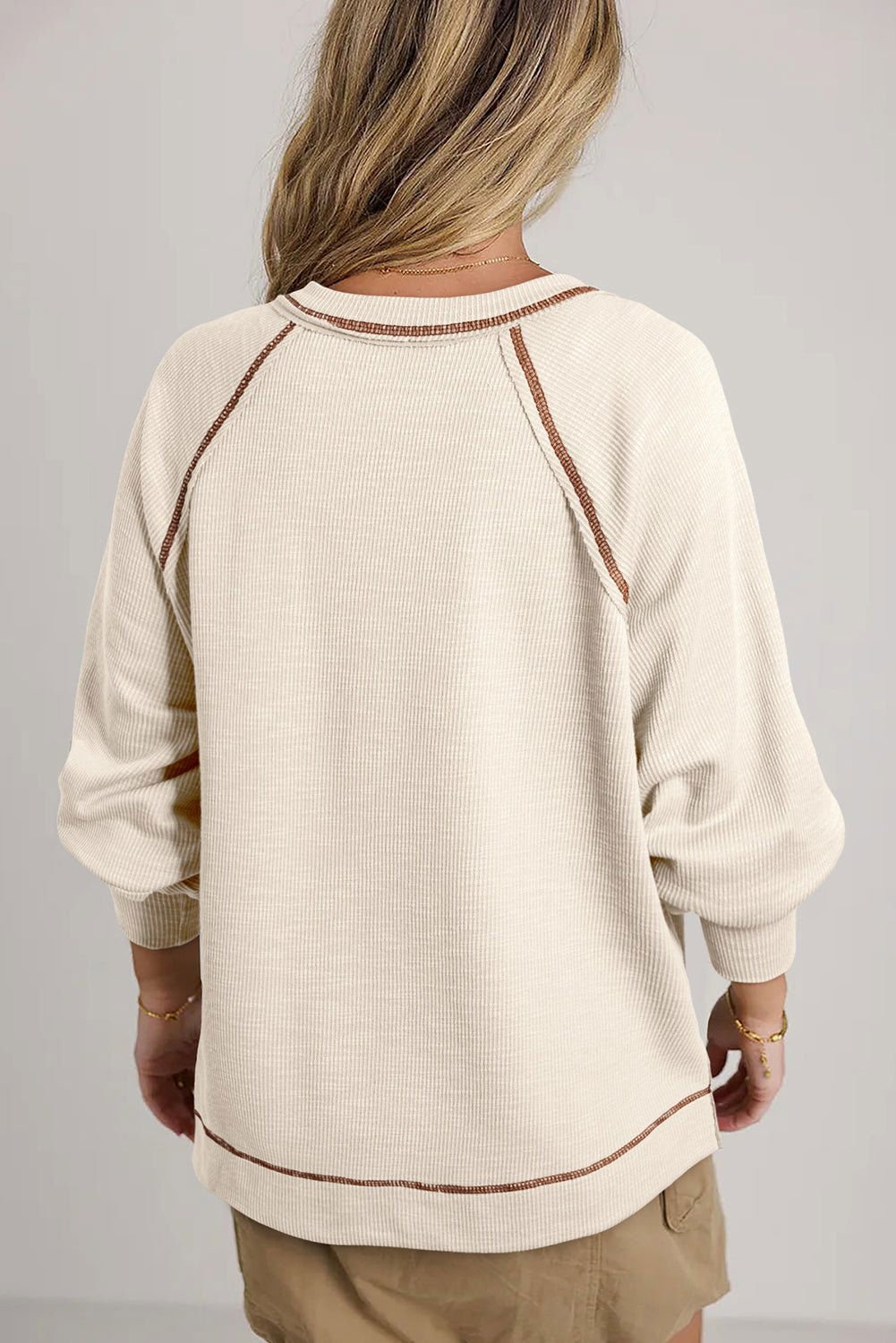 Beige Exposed Seam Textured Knit V Neck Pullover Top - Vesteeto