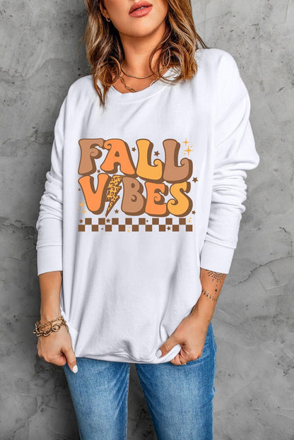 Beige FALL VIBES Graphic Drop Shoulder Sweatshirt - Vesteeto