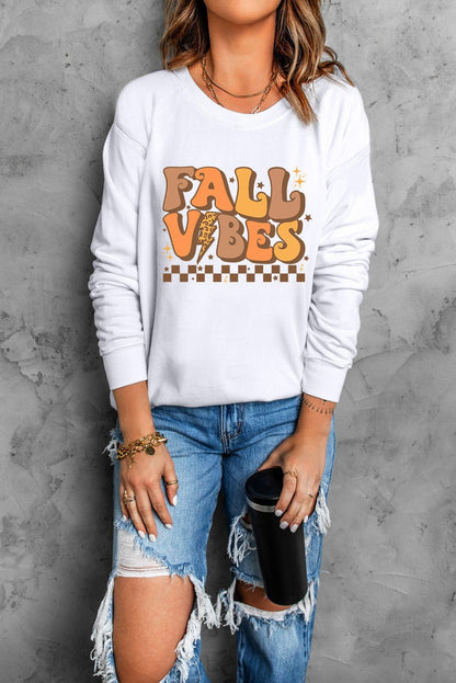 Beige FALL VIBES Graphic Drop Shoulder Sweatshirt - Vesteeto