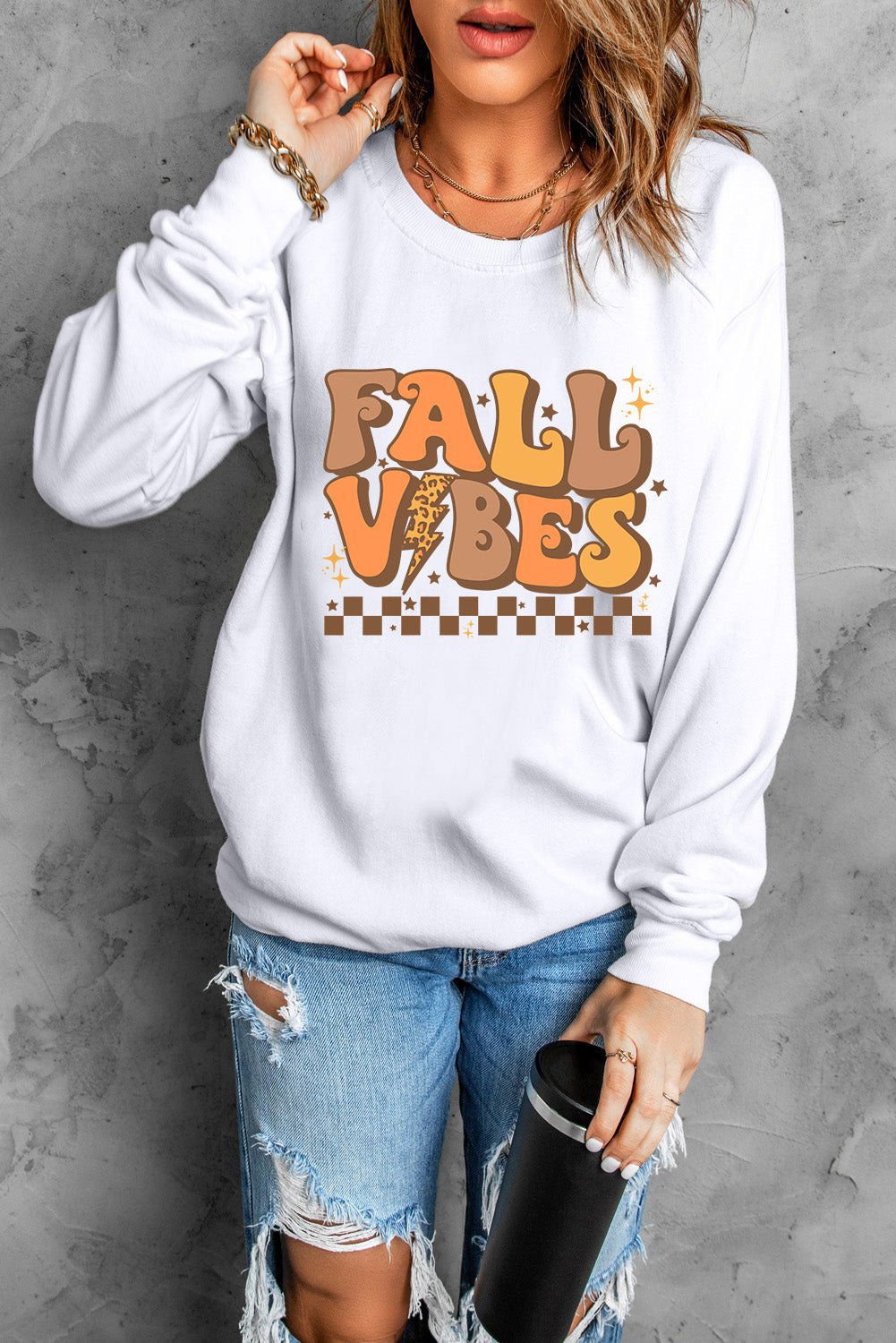 Beige FALL VIBES Graphic Drop Shoulder Sweatshirt - Vesteeto