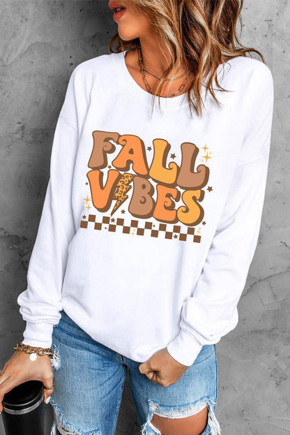 Beige FALL VIBES Graphic Drop Shoulder Sweatshirt - Vesteeto