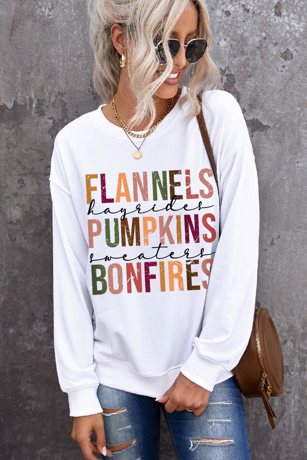 Beige FLANNELS PUMPKINS BONFIRES Graphic Drop Shoulder Sweatshirt - Vesteeto