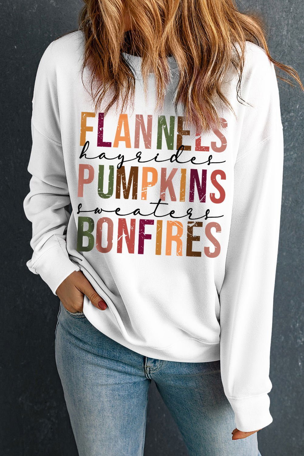 Beige FLANNELS PUMPKINS BONFIRES Graphic Drop Shoulder Sweatshirt - Vesteeto