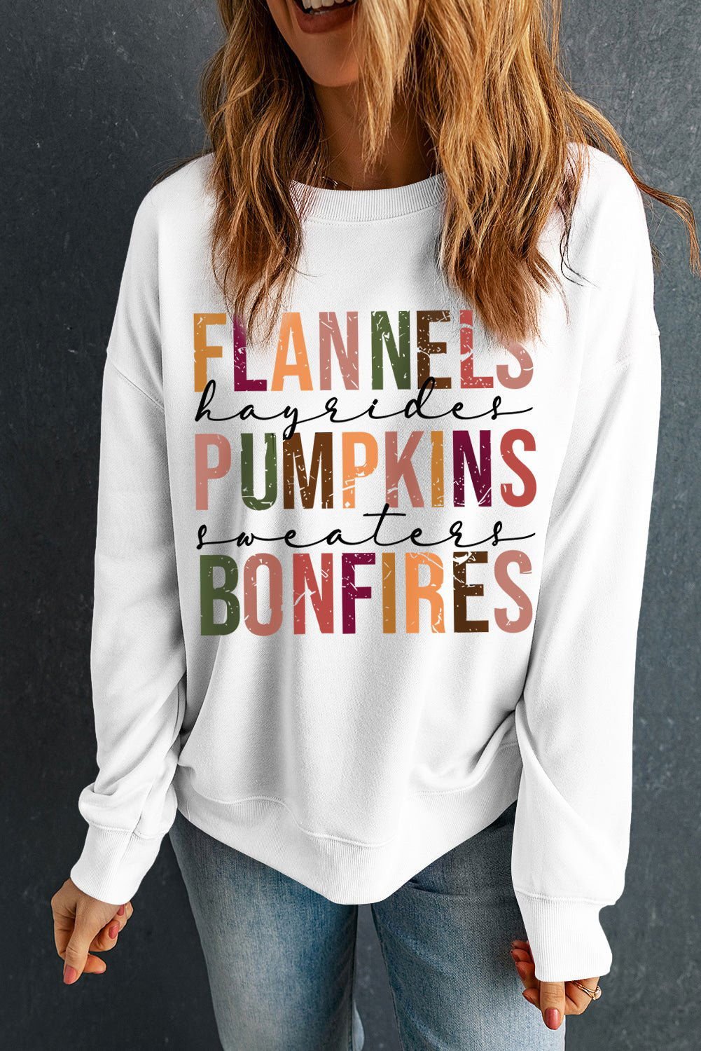 Beige FLANNELS PUMPKINS BONFIRES Graphic Drop Shoulder Sweatshirt - Vesteeto