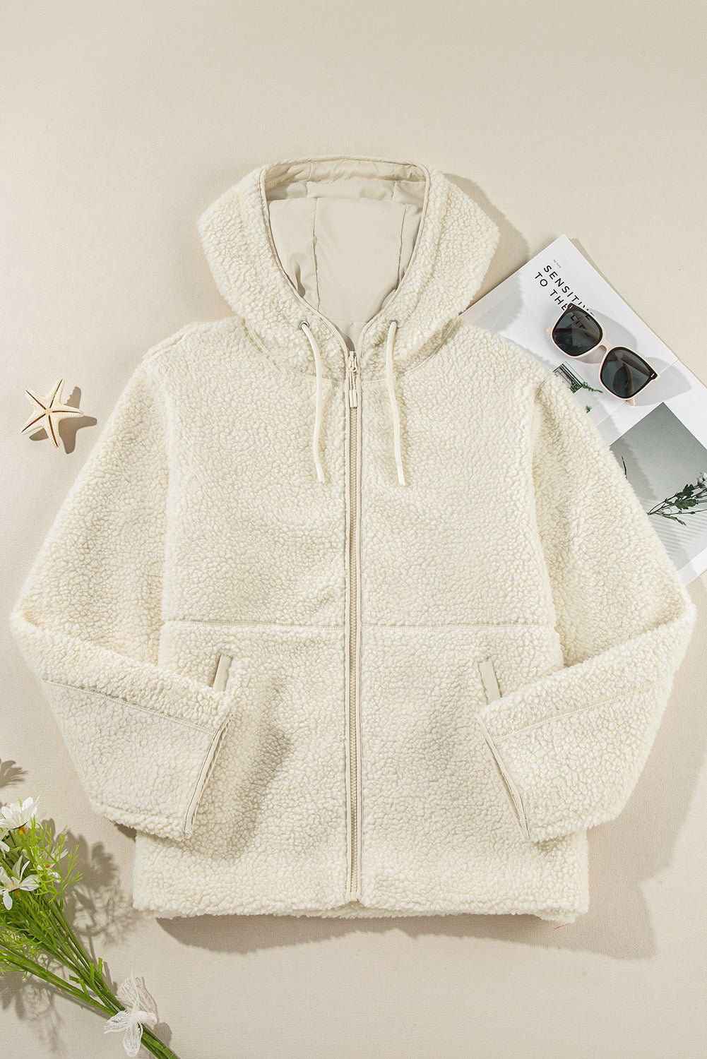 Beige Fleece Zip Up Drawstring Hooded Pocketed Jacket - Vesteeto