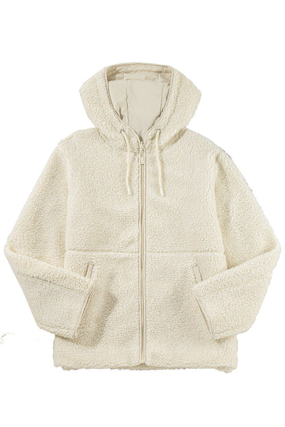 Beige Fleece Zip Up Drawstring Hooded Pocketed Jacket - Vesteeto