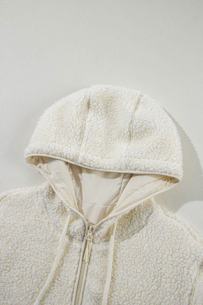 Beige Fleece Zip Up Drawstring Hooded Pocketed Jacket - Vesteeto