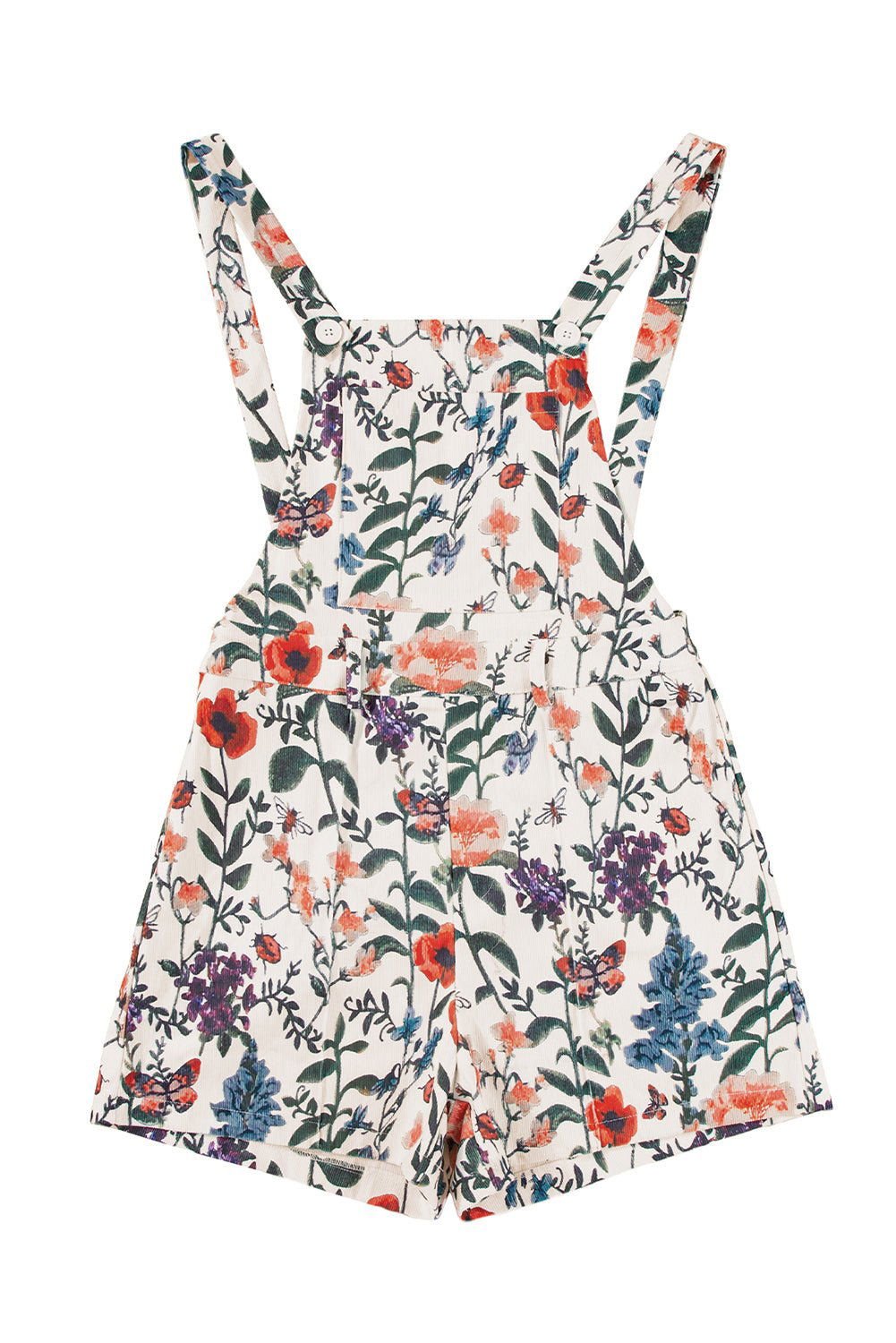 Beige Floral Print Bib Open Back Romper - Vesteeto